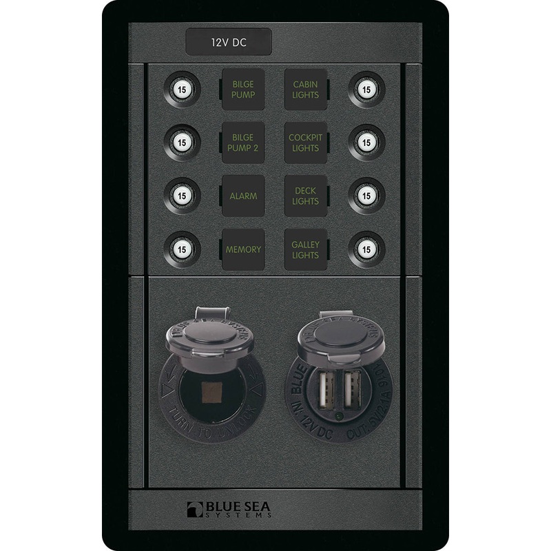 Blue Sea 1498 – 360 Panel – 8 Position 12V Panel with Dual USB & 12V Socket – 1498