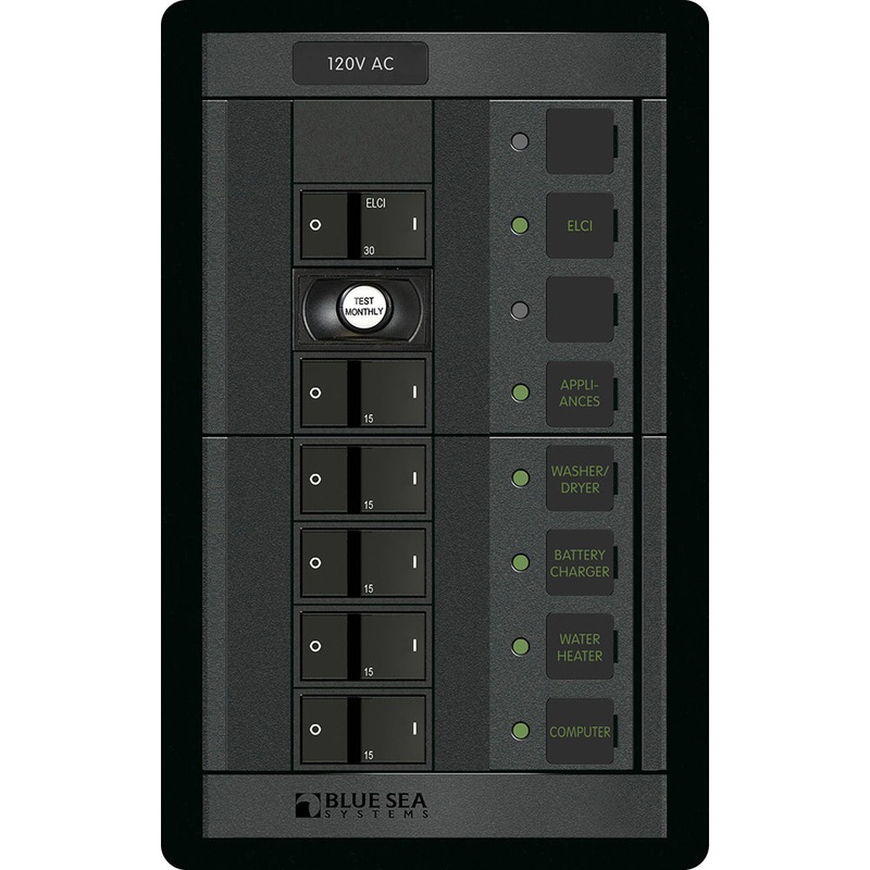 Blue Sea 1503 – 360 Panel – ELCI + 5 Position 120V AC Flat Rocker – 1503