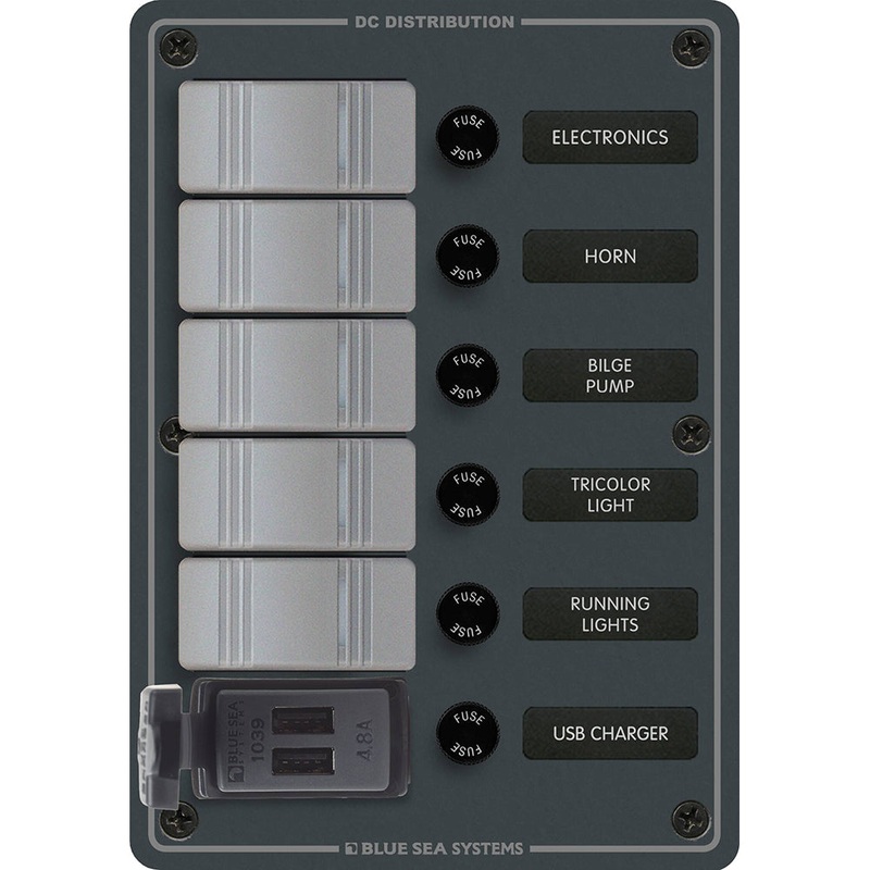 Blue Sea 8121 – 5 Position Contura Switch Panel with Dual USB Chargers – 12/24V DC – Black – 8121