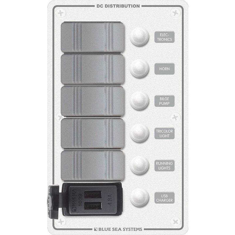 Blue Sea 8421 – 5 Position Contura Switch Panel with Dual USB Chargers – 12/24V DC – White – 8421