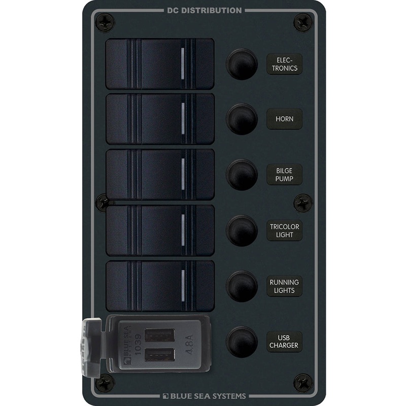 Blue Sea 8521 – 5 Position Contura Switch Panel with Dual USB Chargers – 12/24V DC – Black – 8521