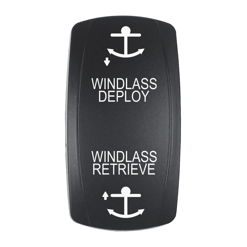 Pacer Actuator – ‘WINDLASS DPLY/RTRV’ f/V Series Contura Switches – Black – Laser Etched (Top/Bottom Light)