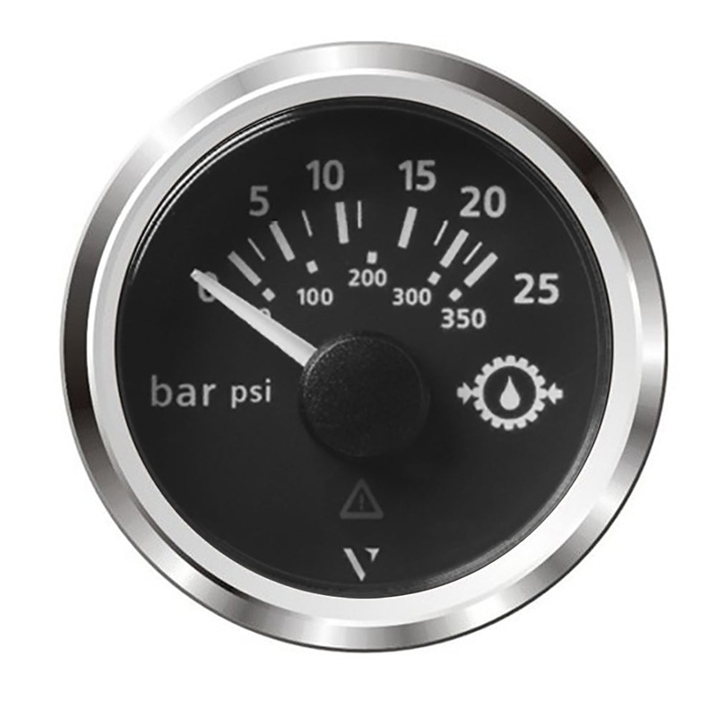 VDO Marine 2-1/16 (52mm) ViewLine Transmission Oil Pressure 25 Bar/350 PSI – 8-32V – Black Dial & Chrome Triangular Bezel – A2C59514137
