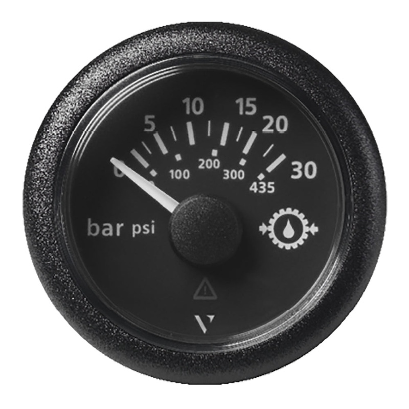 VDO Marine 2-1/16 (52mm) ViewLine Transmission Oil Pressure 30 Bar/435 PSI – 8-32V – Black Dial & Round Bezel – A2C59514141