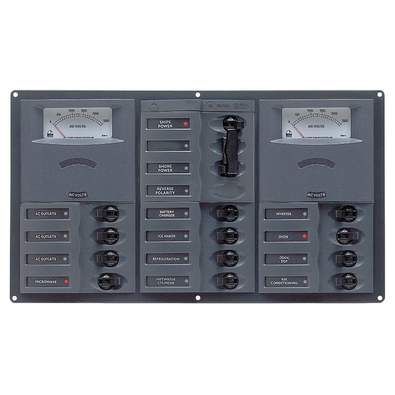 BEP AC Circuit Breaker Panel w/Analog Meters, 12SP 2DP AC230V Stainless Steel Horizonal – 900-AC3-AM