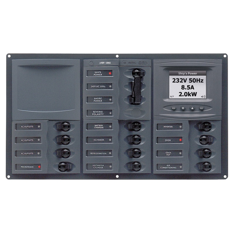BEP AC Circuit Breaker Panel w/Digital Meters, 12SP 2DP AC230V ACSM Stainless Steel Horizontal – 900-AC3-ACSM