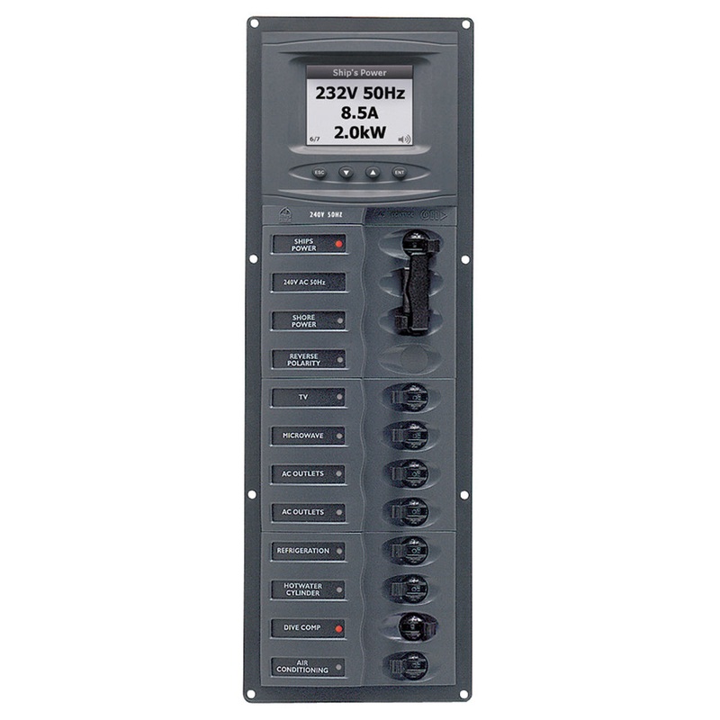 BEP AC Circuit Breaker Panel w/Digital Meters, 8SP 2DP AC230V ACSM Stainless Steel Vertical – 900-AC2V-ACSM