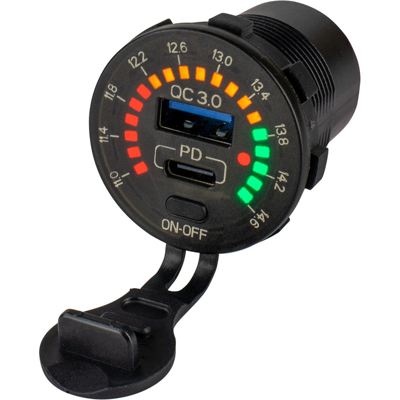 Sea-Dog Round Rainbow Voltmeter w/USB & USB-C Power Socket – 426519-1