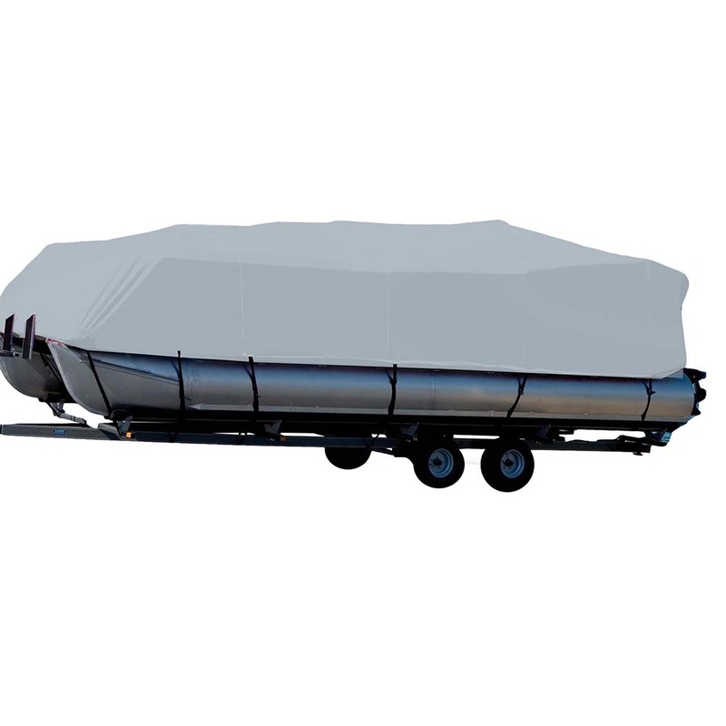 Carver Sun-DURA Styled-to-Fit Boat Cover f/16.5′ Pontoons w/Bimini Top & Partial Rails – Grey – 77616S-11