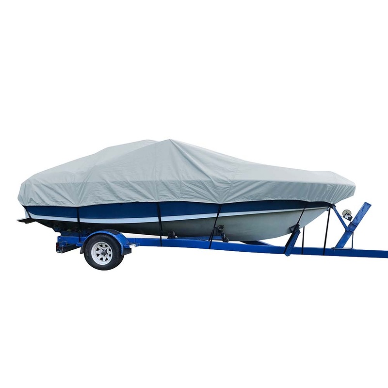 Carver Sun-DURA Styled-to-Fit Boat Cover f/20.5′ V-Hull Low Profile Cuddy Cabin Boats w/Windshield & Rails – Grey – 77720S-11