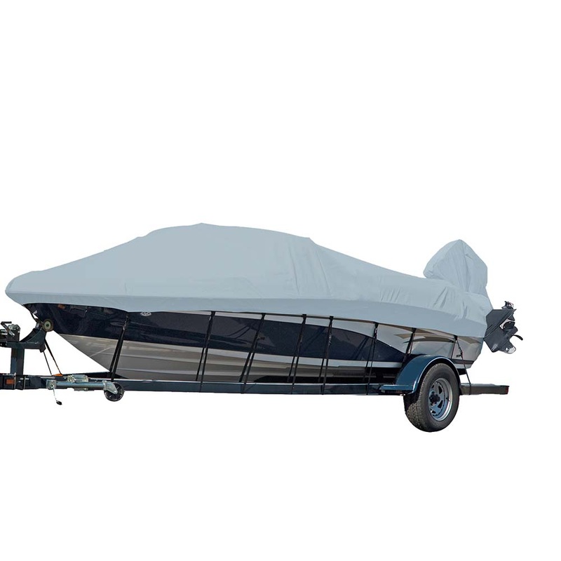 Carver Sun-DURA Styled-to-Fit Boat Cover f/21.5′ V-Hull Runabout Boats w/Windshield & Hand/Bow Rails – Grey – 77021S-11