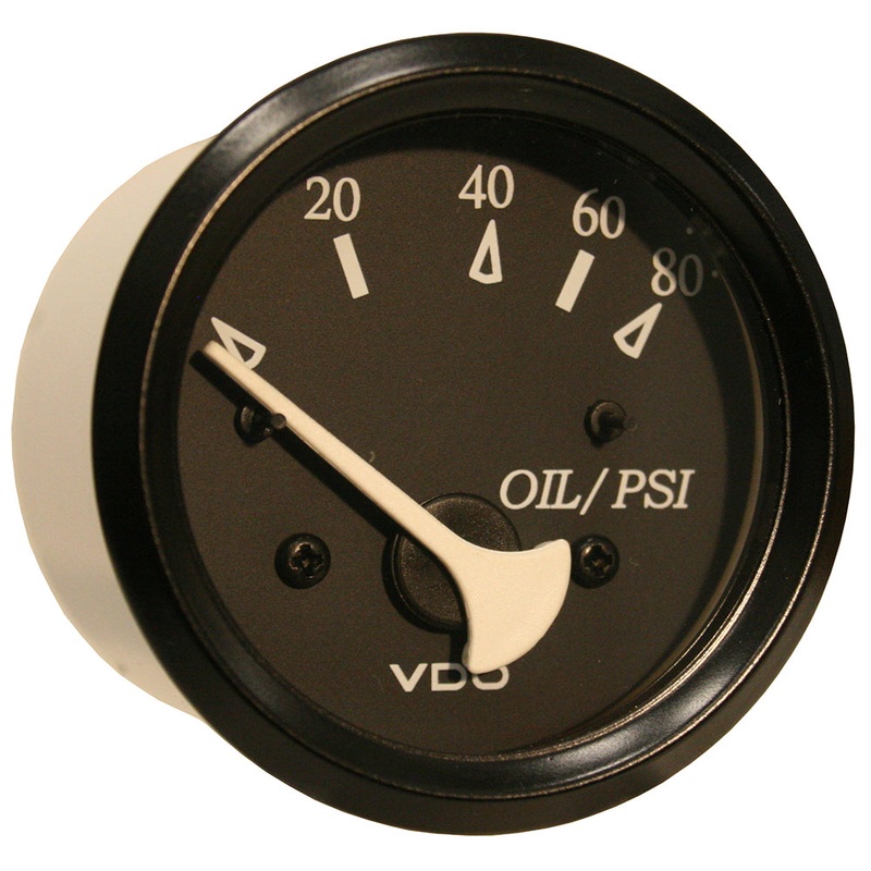 VDO Allentare Black 80PSI Oil Pressure Gauge – Use with Marine 240-33 Ohm Sender – 12V – Black Bezel – 350-11800