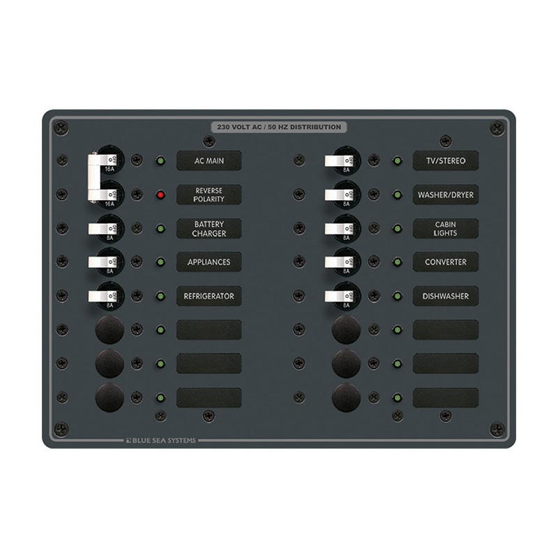Blue Sea 8564 Breaker Panel – AC Main + 14 Positions (European) – White – 8564