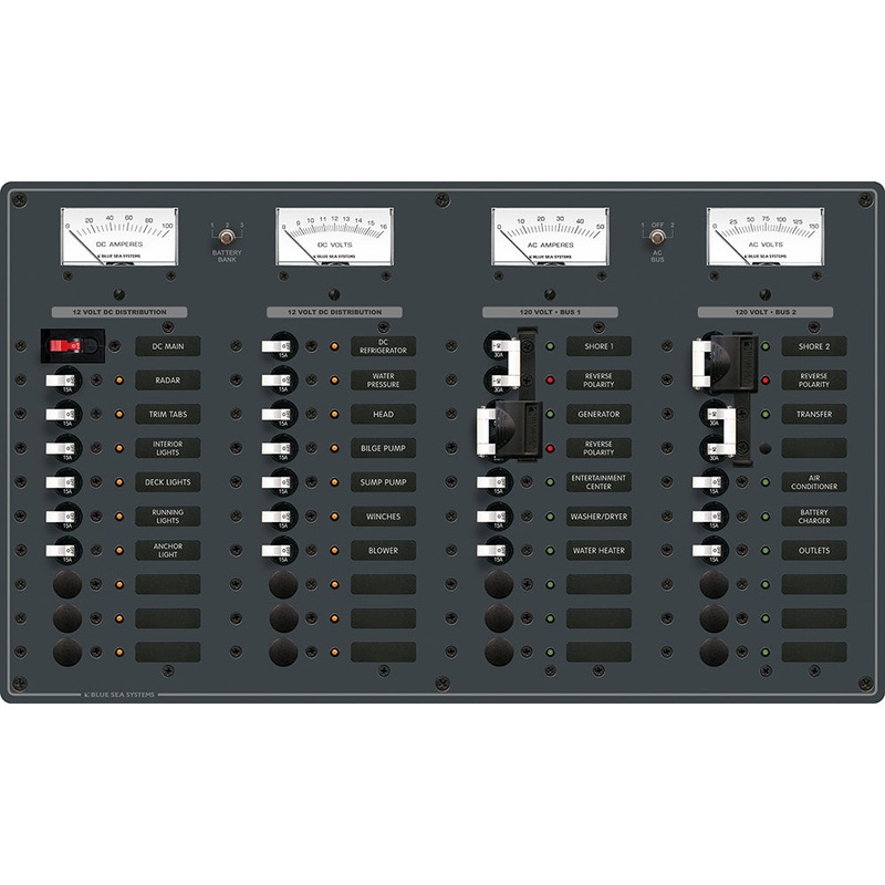 Blue Sea 8086 AC 3 Sources +12 Positions / DC Main +19 Position Toggle Circuit Breaker Panel  (White Switches) – 8086