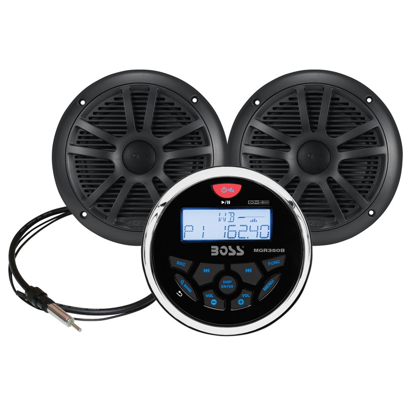 Boss Audio MCKGB350B.6 Combo – Marine Gauge Radio w/Marine Antenna & 2 6.5 Speakers – Black – MCKGB350B.6