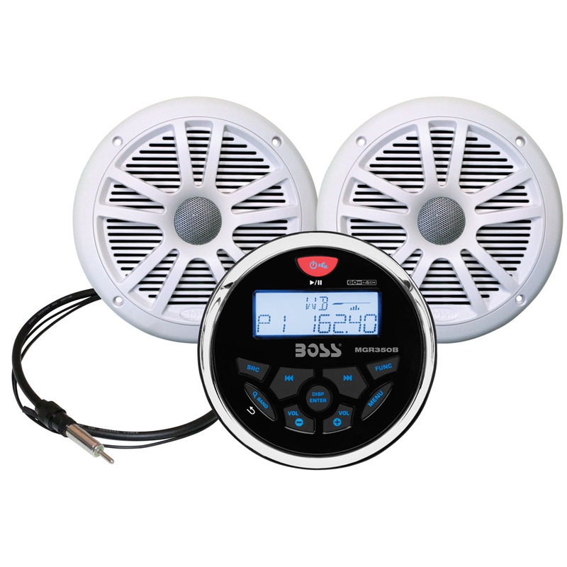 Boss Audio MCKGB350W.6 Combo – Marine Gauge Radio w/Marine Antenna & 2 6.5 Speakers – White – MCKGB350W.6
