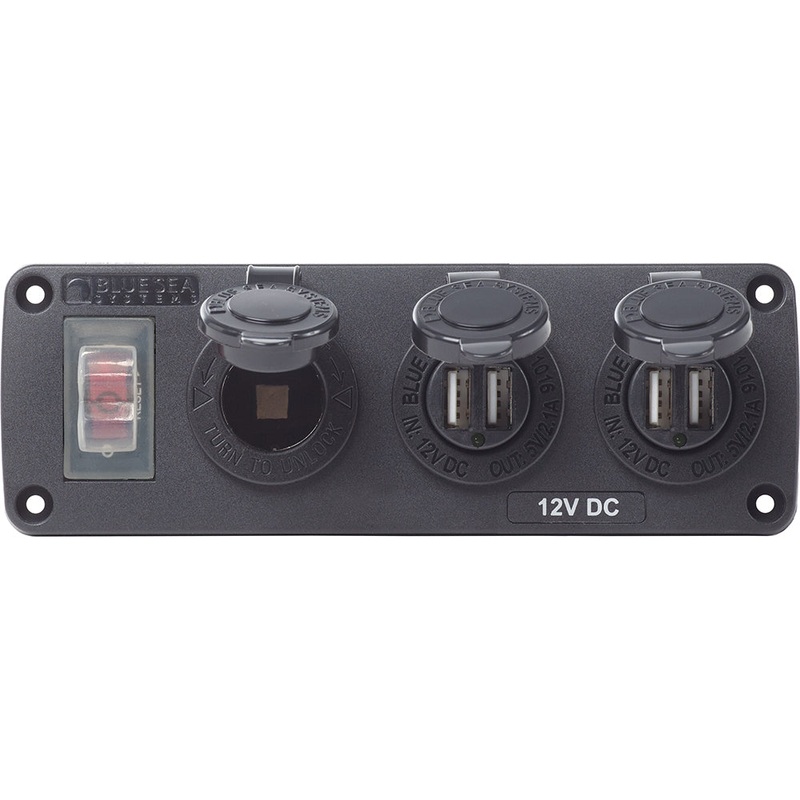 Blue Sea 4365 Water Resistant USB Accessory Panel – 15A Circuit Breaker, 12V Socket, 2x 2.1A Dual USB Chargers – 4365