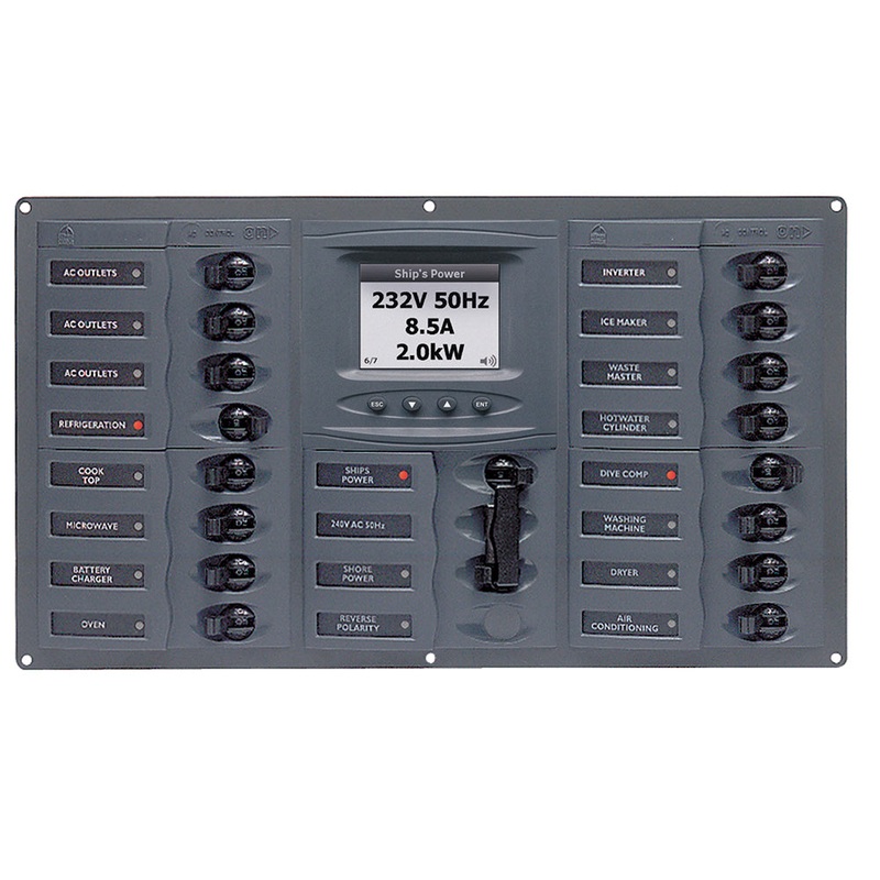 BEP AC Circuit Breaker Panel w/Digital Meters, 16SP 2DP AC230V ACSM Stainless Steel Horizontal – 900-AC4-ACSM