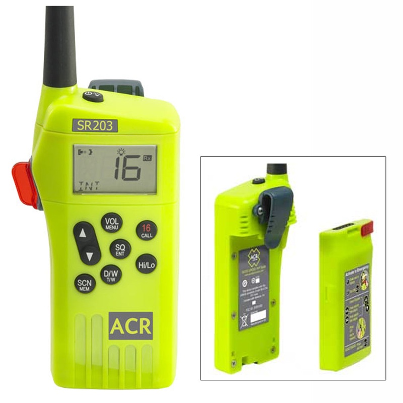 ACR SR203 GMDSS Survival Radio w/Replaceable Lithium Battery & Rechargable Lithium Polymer Battery & Charger – 2828