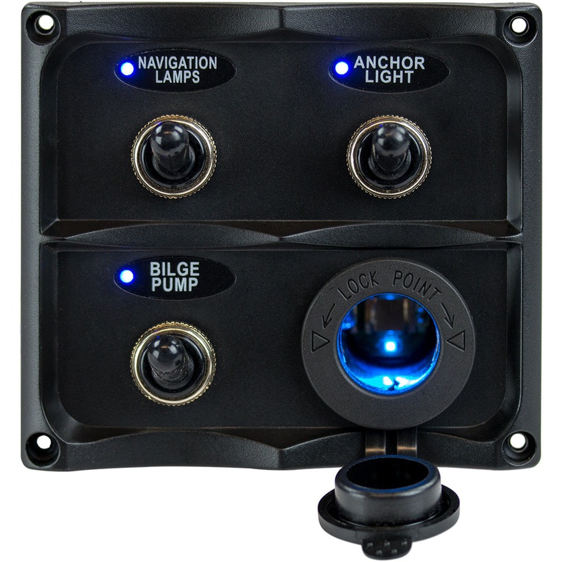 Sea-Dog Water Resistant Toggle Switch Panel w/LED Power Socket – 3 Toggle – 424623-1
