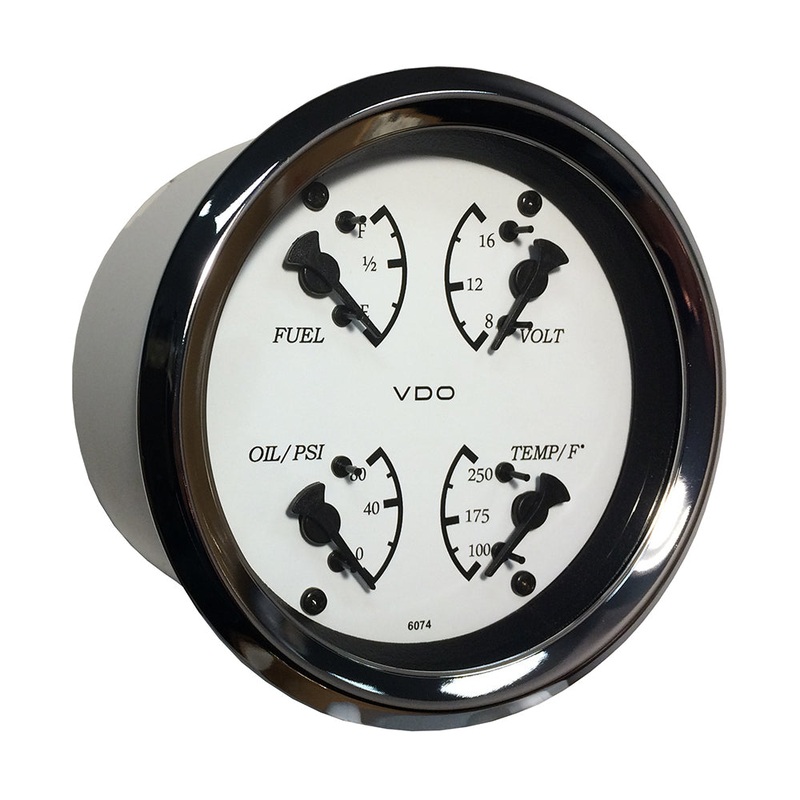 VDO Allentare 4 In 1 Gauge – 85mm – White Dial/Black Pointer – Oil Pressure, Water Temp, Fuel Level, Voltmeter – Chrome Bezel – 110-15800