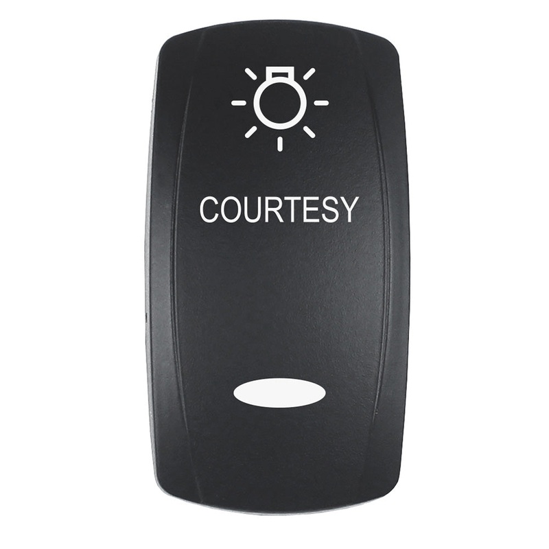 Pacer Actuator – ‘COURTESY’ f/V Series Contura Switches – Black – Laser Etched (Top/Bottom Light)